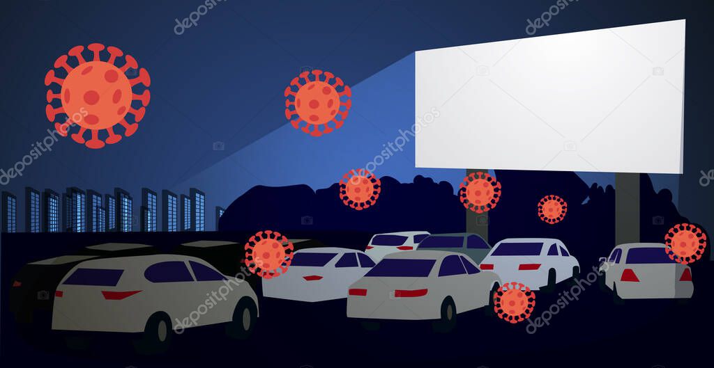 Covid 19. Movie theater for cars. Open-air cinema. Safe leisure during the coronavirus epidemic. Vector