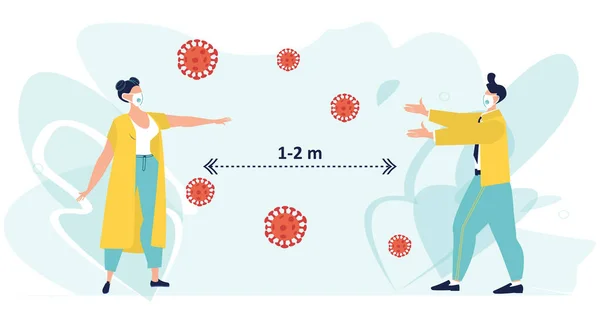 社会的距離を保ち 公共社会の人々の距離を保つCovid 19コロナウイルス感染から保護する概念を広める 男性と女性はウイルス病原体との会議で距離を保つ ベクトル — ストックベクタ