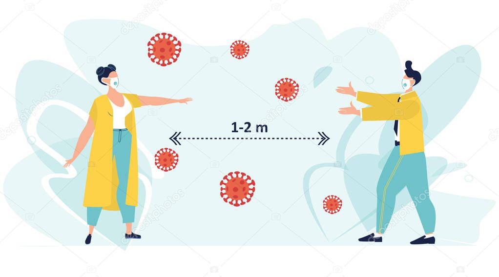 Social distancing, keep distance in public society people to protect from COVID-19 coronavirus outbreak spreading concept, man and woman keep distance away in the meeting with virus pathogens. Vector.