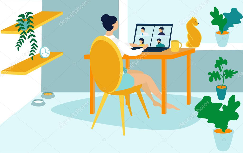 Coronavirus. COVID-19 period. Working at home. People at home in quarantine. Businesswoman dressed in shirt and shorts in the home office. Vector