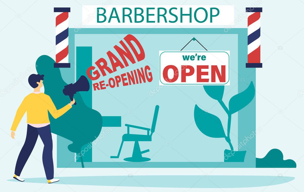 COVID 19. We're open. Grand re-opening. Man opens a barbershop after quarantine, lockdown. Economic recovery after coronavirus. Hair Salons, Barbershops Could Reopen. Vector illustration, flat style.