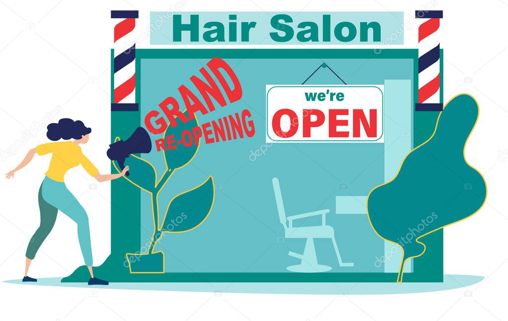 COVID 19. We're open. Grand re-opening. Woman or hairdresser opens a hair salon after quarantine, lockdown. Economic recovery after coronavirus. Hair Salons, Barbershops Could Reopen. Flat vector.