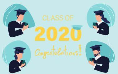 2020 sınıfı sanal mezuniyet törenlerine hazırlanın. Dijital olarak mezun ol. Tebrik ederim. Akademik şapkalı öğrenciler. Resimleri ve mezuniyet metnini yeniden göndermek için cep telefonu kullanarak mezun olanlar.