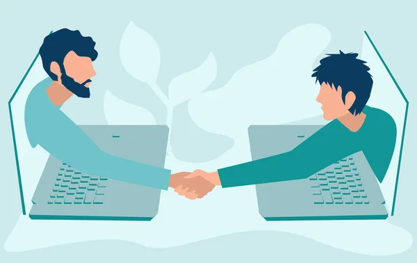 握手だ 2人のビジネスマンがノートパソコンの画面を通して話し手を振る コラボレーションとコミュニケーション 企業と協力的なビジネスコンセプト 平面ベクトル — ストックベクタ