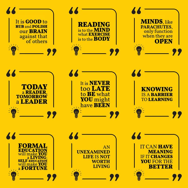 Conjunto de citações motivacionais sobre leitura, sabedoria, inteligência , — Vetor de Stock