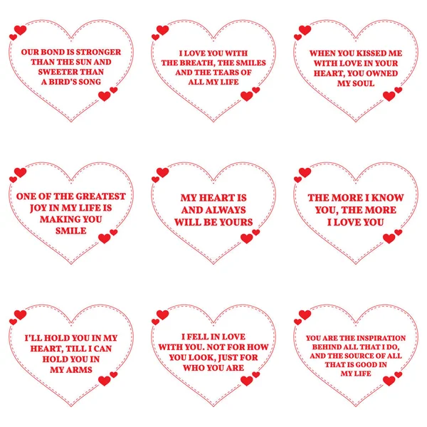 Set of love wishes quotes over white background. Simple heart sh — Stock Vector