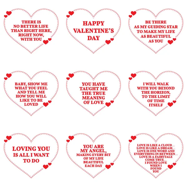 Set of love wishes quotes over white background. Simple heart sh — Stock Vector