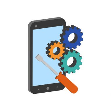 Smartphone onarım sembolü. Düz izometrik simgesini veya Logo. 3D stili 