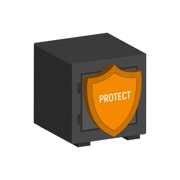 Metal seguro com escudo, símbolo de proteção financeira. Isomet plano — Vetor de Stock
