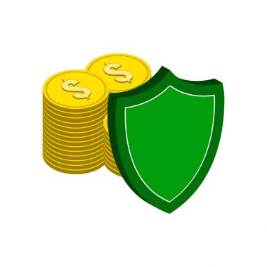 Altın kalkan, finans koruma sembol ile yığını. Düz