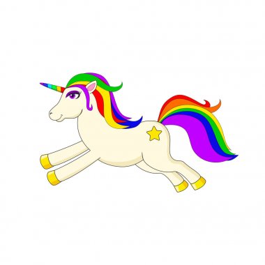 Çok renkli yele ve boynuz olan beyaz çalışan at. Şirin magi