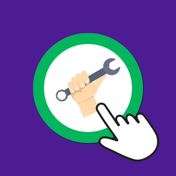 Mano con icono de llave inglesa. concepto de servicio de reparación. Cursor de ratón de mano — Vector de stock