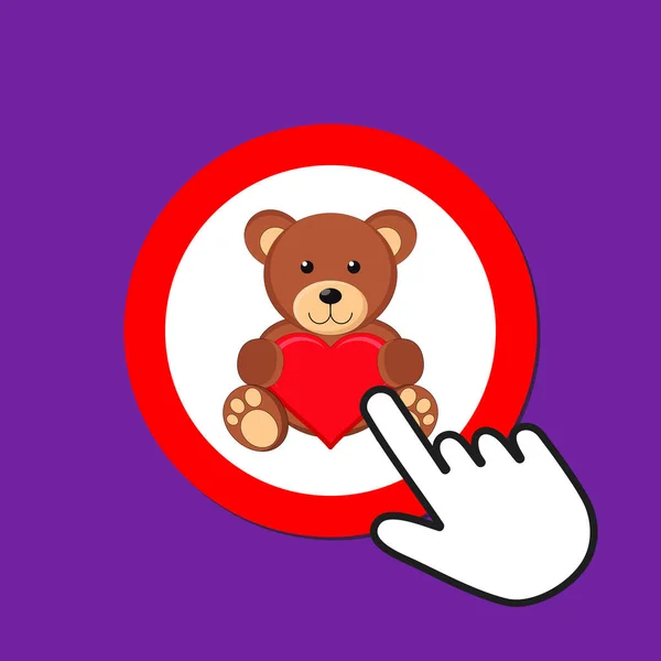Teddy bear with heart icon. Love gift concept. Hand Mouse Cursor — Stock Vector