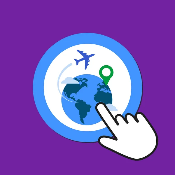 Terra com ícone de avião. Conceito de viagem. Mão Mouse Cursor C — Vetor de Stock