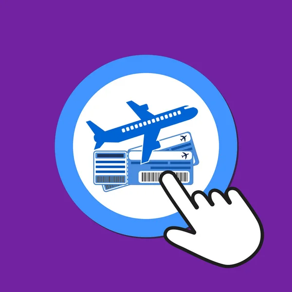 Airplane with tickets icon. Buying air tickets concept. Hand Mou — Stock Vector