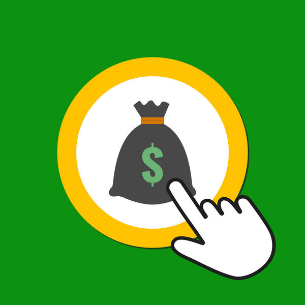 Money bag icon. Wealth, bonus concept. Hand Mouse Cursor Clicks 