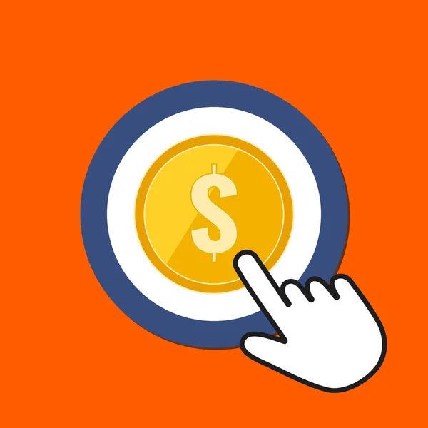 Coin icon. Money, bonus concept. Hand Mouse Cursor Clicks the Bu — Stock Vector