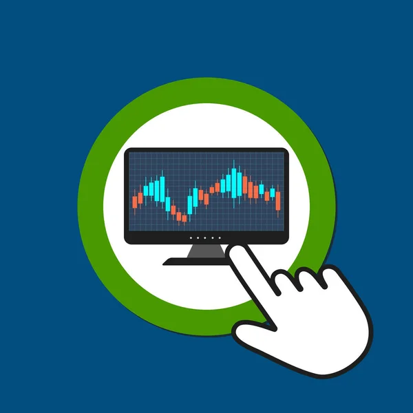 Monitor met kandelaar grafiek pictogram. Forex trading concept. Hand — Stockvector