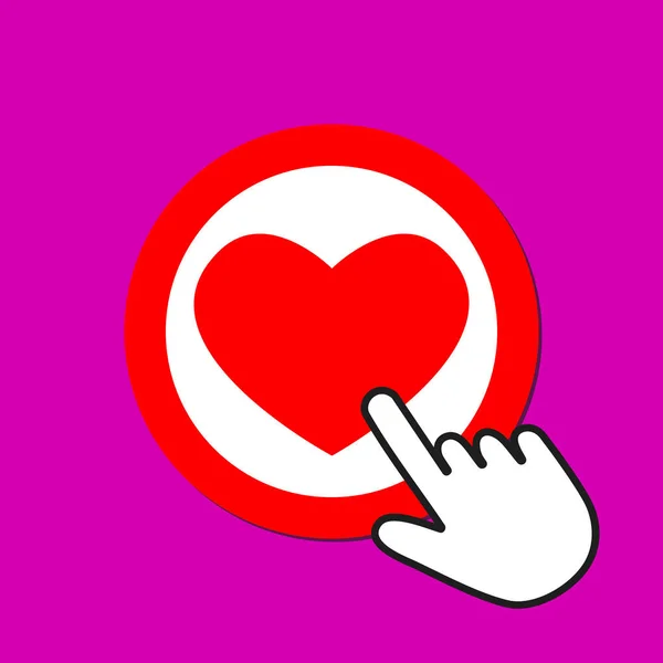 Red heart icon. Love concept. Hand Mouse Cursor Clicks the Butto — Stock vektor