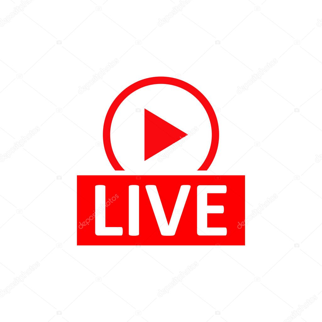 Live Stream sign. Red symbol, button of live streaming, broadcasting, online stream emblem. For tv, shows and social media live performances