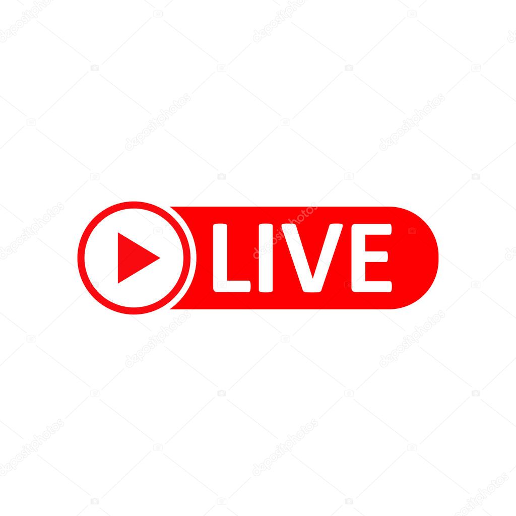 Live Stream sign. Red symbol, button of live streaming, broadcasting, online stream emblem. For tv, shows and social media live performances