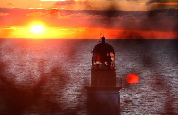 Nascer do sol e farol no porto Douglas — Fotografia de Stock