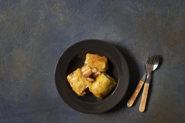 Sarma - geleneksel Balkan mutfağı. Et ve pirinçle lahana rulosu. Balkan mutfağı. Sırp mutfağı. Karanlık arka plan. Üst Manzara. Metin için boşluk