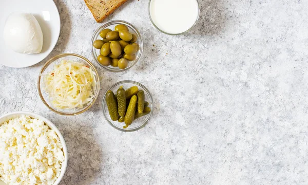 Variedade Alimentos Fermentados Probióticos Saudáveis Fundo Claro Vista Superior — Fotografia de Stock