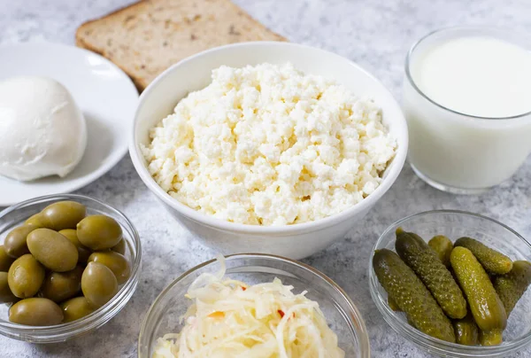 Variedade Alimentos Fermentados Probióticos Saudáveis Fundo Claro Vista Superior — Fotografia de Stock