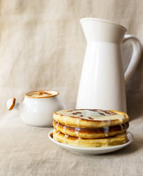 Homemade Pancakes Honey Wooden Background — Stock Photo, Image