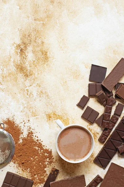 Sortiment Verschiedener Schokoladen Und Kakaopulver Nahaufnahme Raum Für Text — Stockfoto