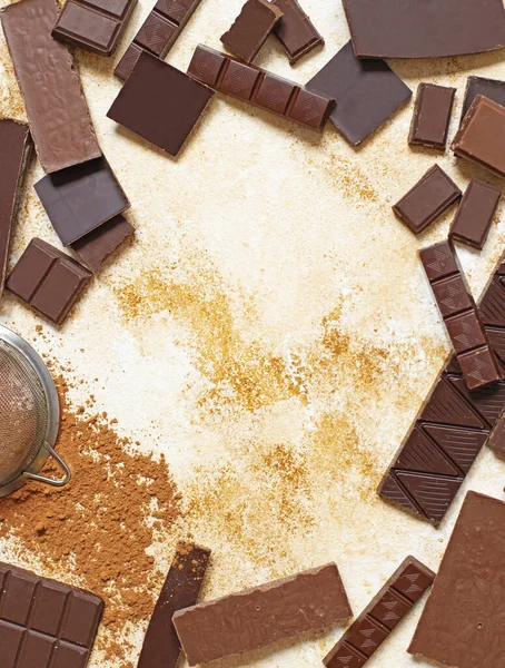 Sortimento Diferentes Tipos Chocolate Cacau Close Espaço Para Texto — Fotografia de Stock