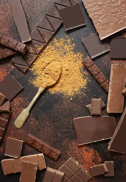 Sortiment Verschiedener Schokoladen Und Kakaopulver Nahaufnahme Raum Für Text — Stockfoto