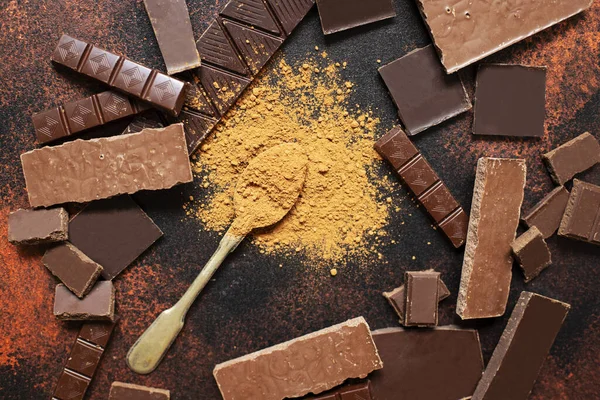 Sortimento Diferentes Tipos Chocolate Cacau Close Espaço Para Texto — Fotografia de Stock