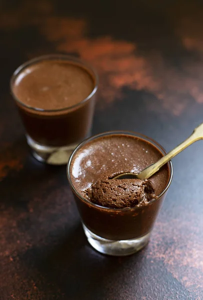 Delicioso Ganache Chocolate Chocolate Quente Fundo Vintage Rústico Escuro Close — Fotografia de Stock