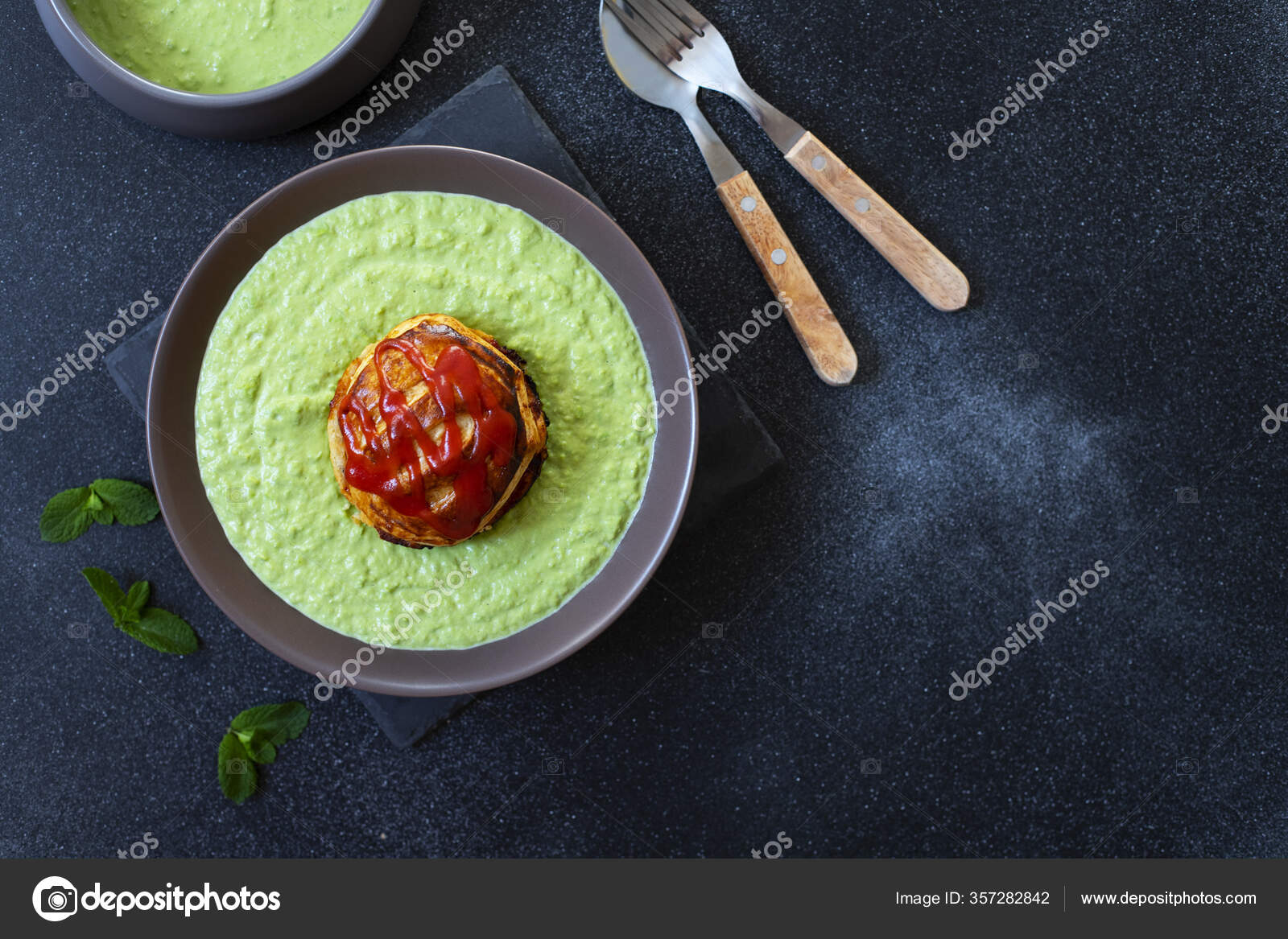 Traditional Australian Dish Called Pie Floater Green Pea Soup Served
