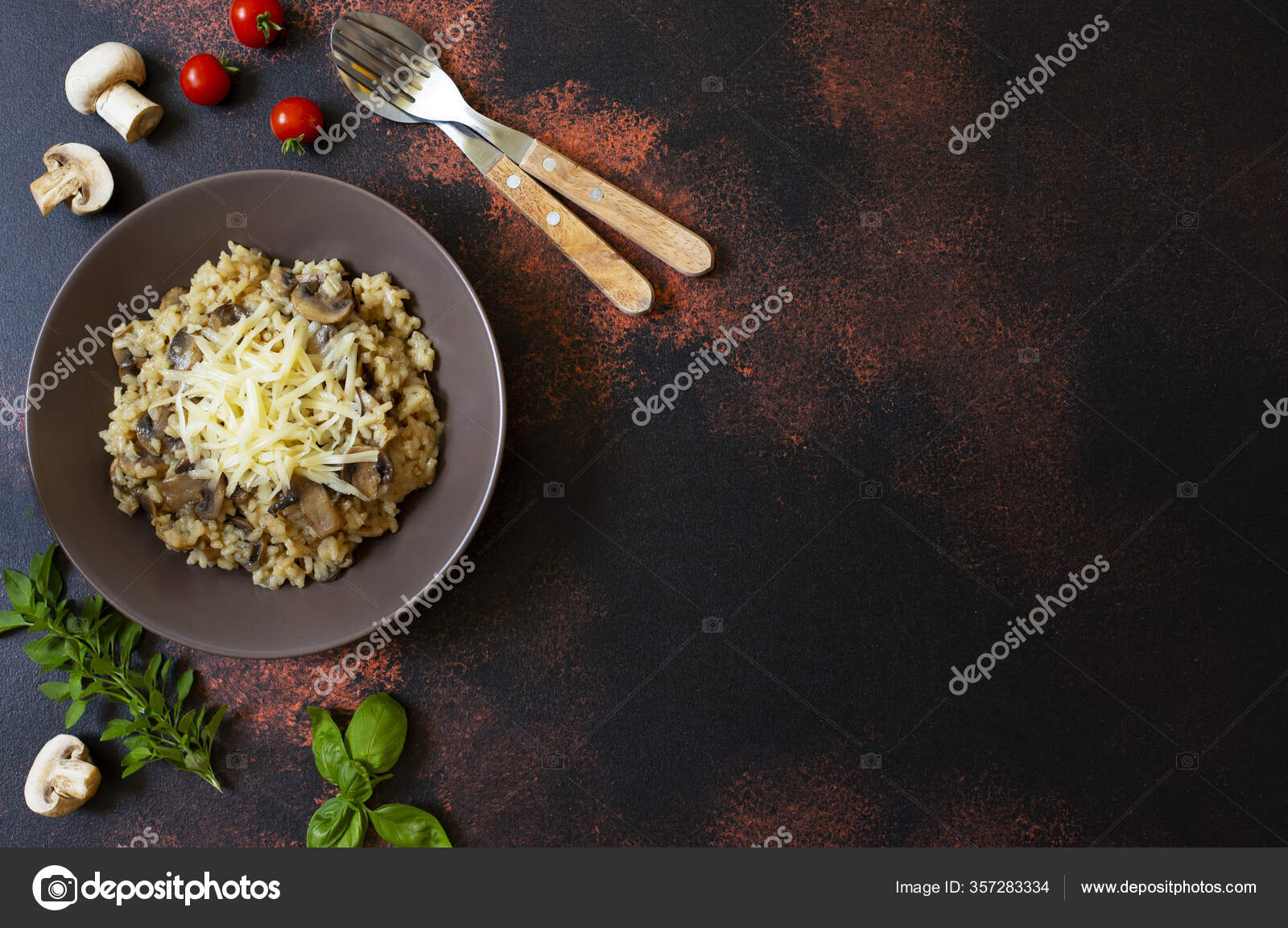 Traditional Italian Dish Rice Arborio Risotto Mushrooms Served Fresh