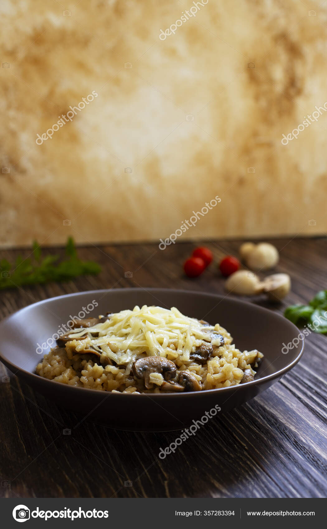 Traditional Italian Dish Rice Arborio Risotto Mushrooms Served Fresh
