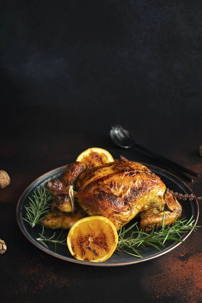 Roasted Whole Chicken Christmas New Year Dark Background Christmas Decorations — Stock Photo, Image