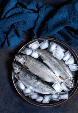 Üç taze çiğ alabalık, koyu mavi arka planda eski bir tabakta buzun içinde. Sağlıklı bir akşam yemeği için lezzetli balık malzemesi. Dikey