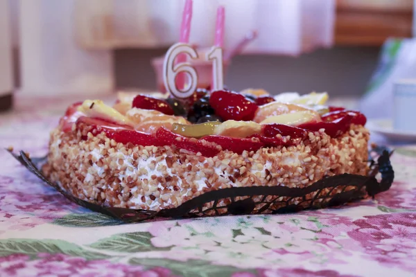 Close Fruit Birthday Cake Year Old Candles — Stock Photo, Image