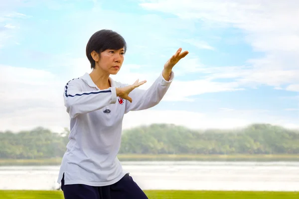 As pessoas praticam Tai Chi Chuan em um parque — Fotografia de Stock