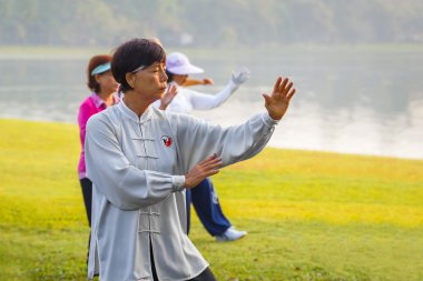  Unidentified group of people practice Tai Chi Chuan in a park clipart