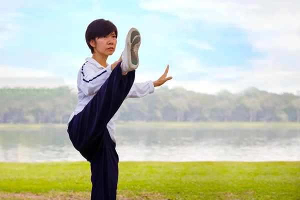 As pessoas praticam Tai Chi Chuan em um parque — Fotografia de Stock