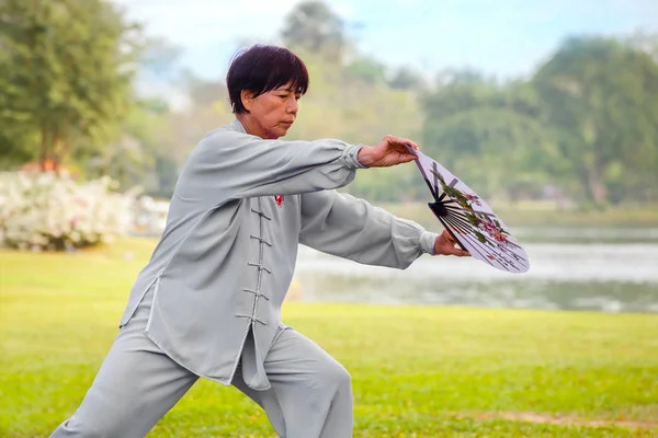 As pessoas praticam Tai Chi Chuan em um parque — Fotografia de Stock