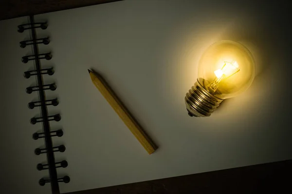 Лампочка с маленьким карандашом, помещенная на открытую книгу эскизов — стоковое фото