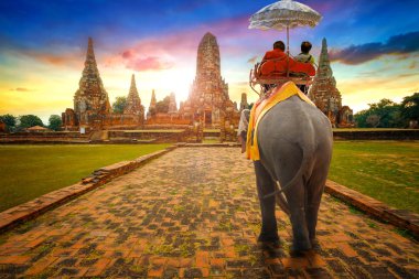 Turistler Ayutthaya Historical Park, Unesco Dünya Mirası Tayland Wat Chaiwatthanaram tapınağında bir fil binmek