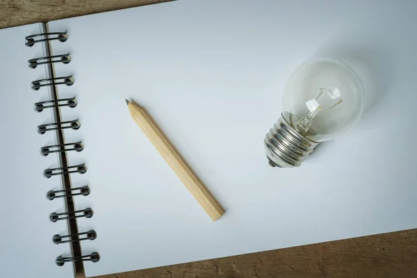 Una bombilla con un lápiz pequeño colocada en un cuaderno abierto —  Fotos de Stock