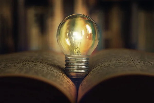 Une ampoule placée sur un livre ouvert — Photo