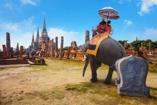 与大象在教科文组织世界遗产，泰国大城府历史公园的 Wat Phra Si Sanphet 寺旅游 — 图库照片